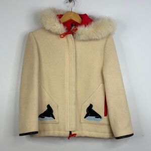 Vintage James Bay Coat Womens Small Cream Wool Seals Hood Made in Canada Retro